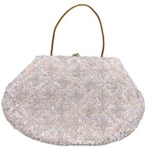 Vintage Jem Hand-Beaded Evening Bag  White Satin & Sequins  Handmade